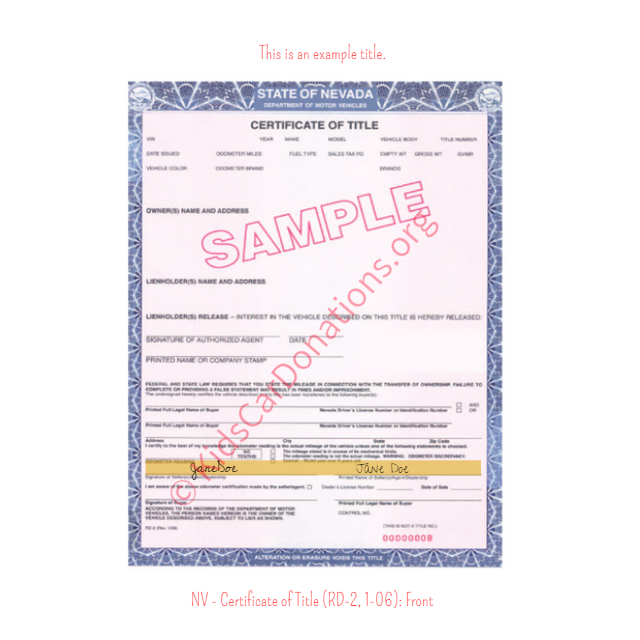 This is an Example of Nevada Certificate of Title (RD-2, 1-06) Front View | Kids Car Donations